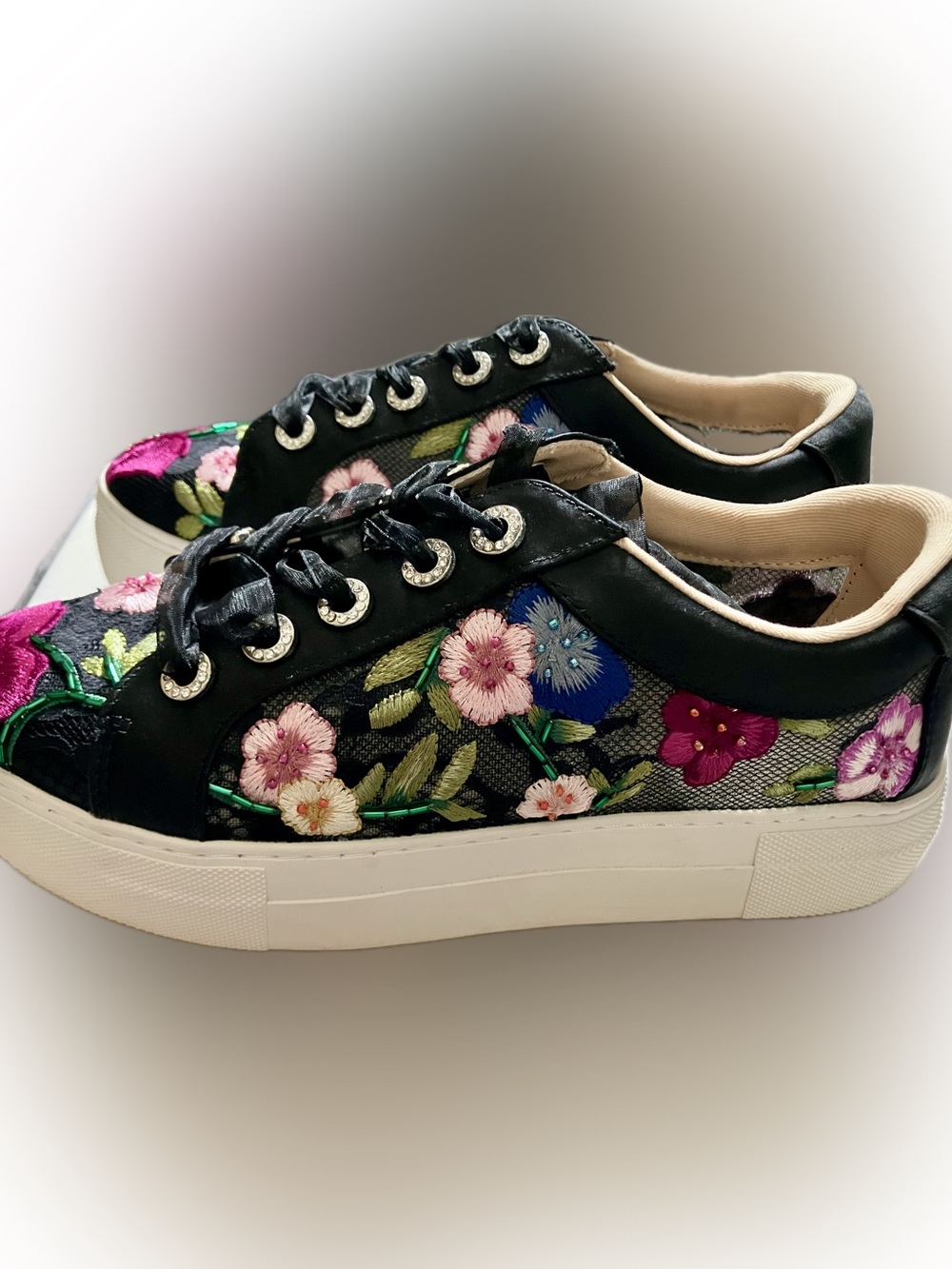 Betsey Johnson Black Lace Sneakers with Multicolor Floral Embroidery